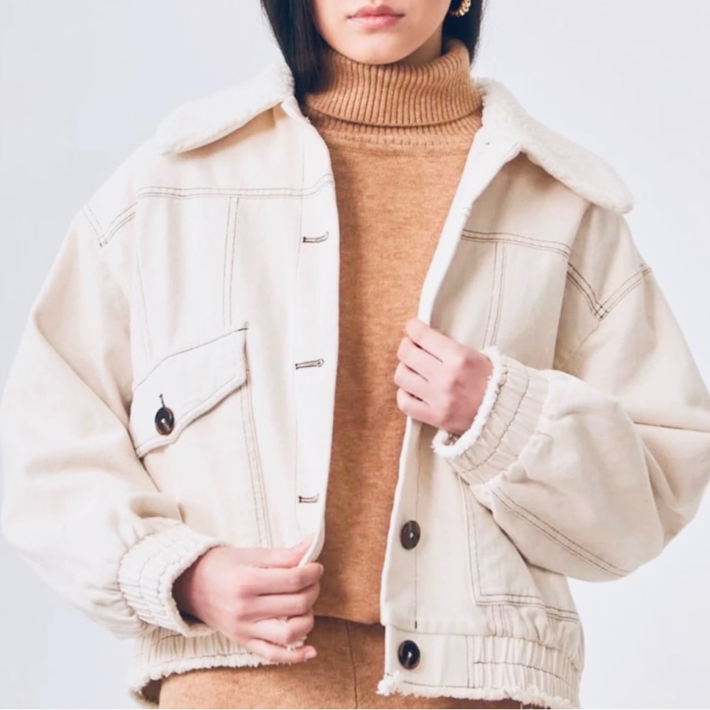 DENIM Cropped JACKET WITH SHEEPSKIN COLLAR  by Nekane/NKN IVORY M/L